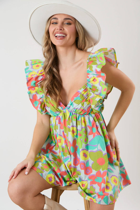 Emma Floral Prints Ruffle Sleeve Romper