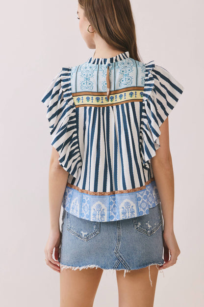 Border Striped Print Ruffled Detail Cap Sleeve Top 🥚
