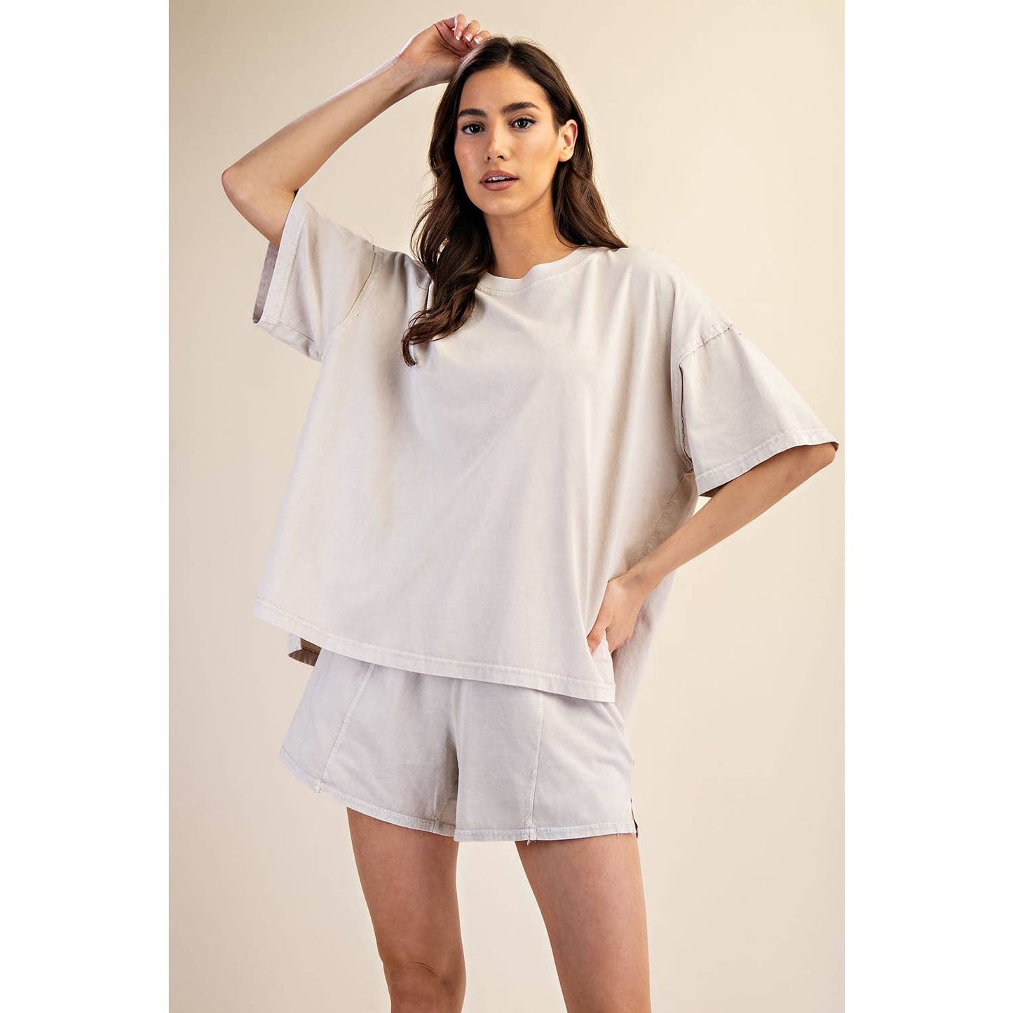 PRISCILLA  MINERAL WASHED COTTON OVERSIZED SLIT TEE & SHORTS