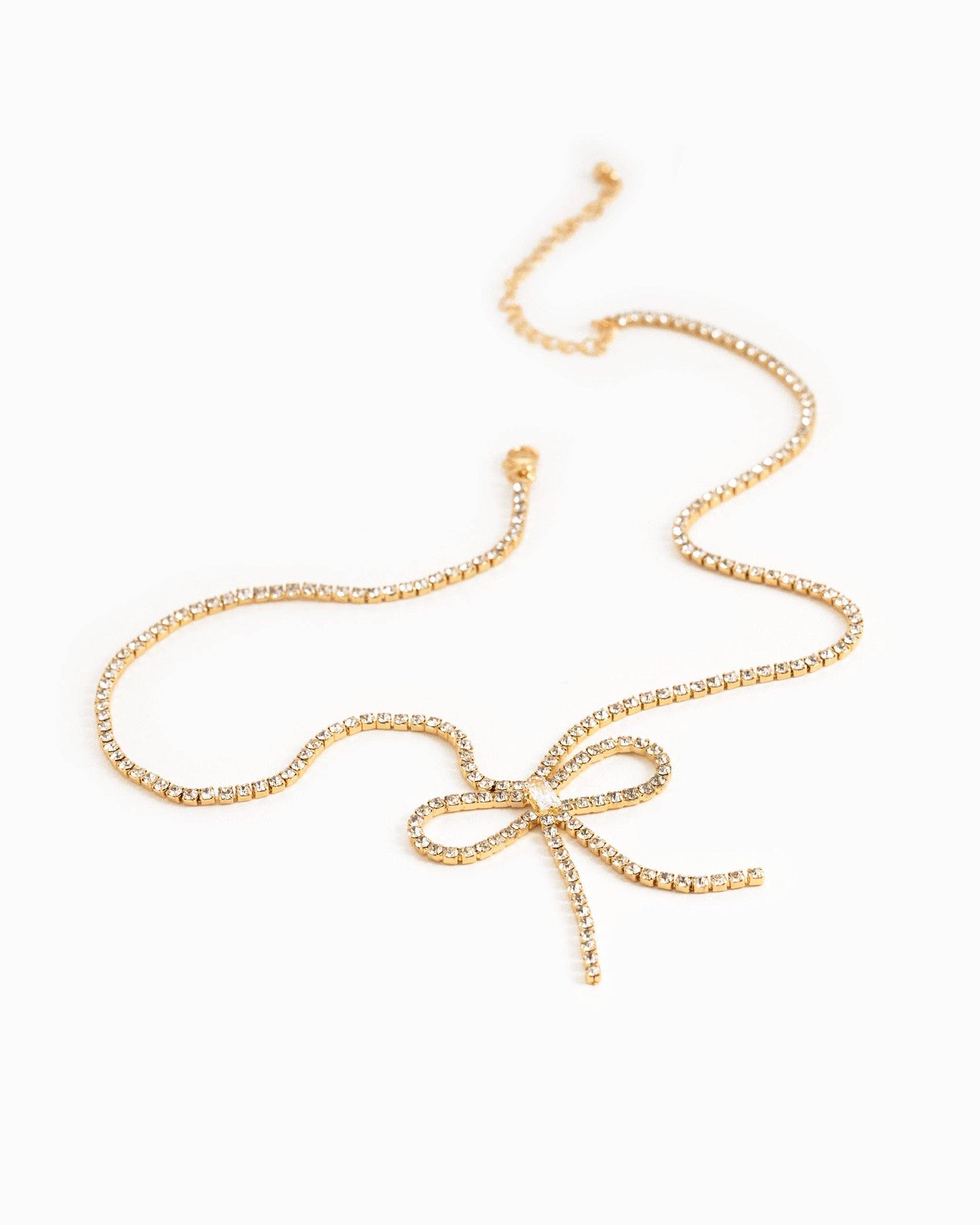 Rhinestone Chain Symmetrical Bow Necklace w/ Baguette CZ
