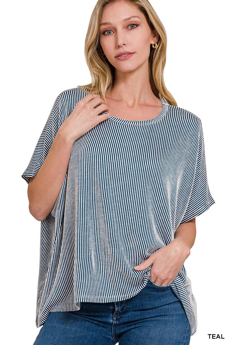 Dawn Ribbed Striped Oversized Short Sleeve Top
