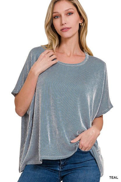 Dawn Ribbed Striped Oversized Short Sleeve Top