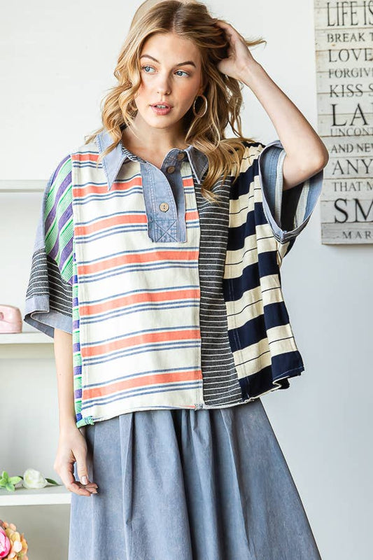 STELLA WASHED STRIPE MIX SHORT SLEEVE TOP