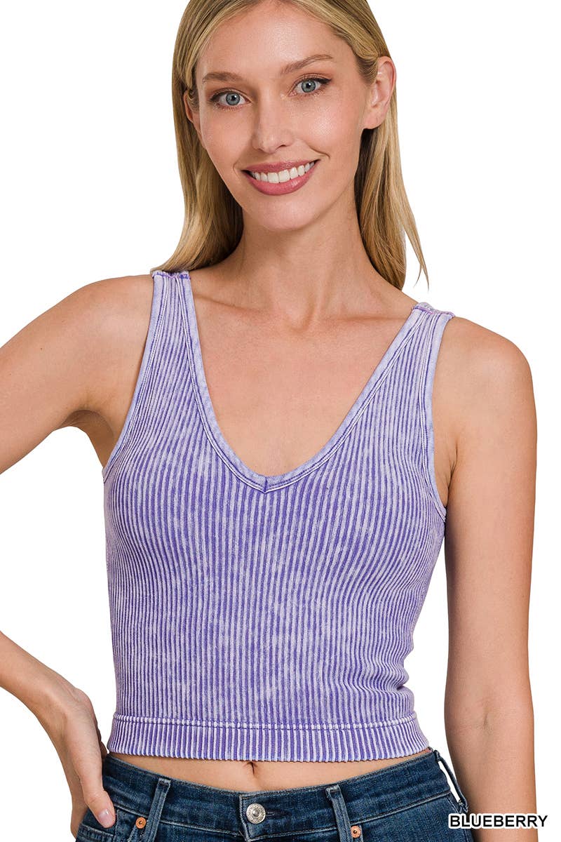 Blair Washed Ribbed Cropped Bra Padded V-neck Tank Top
