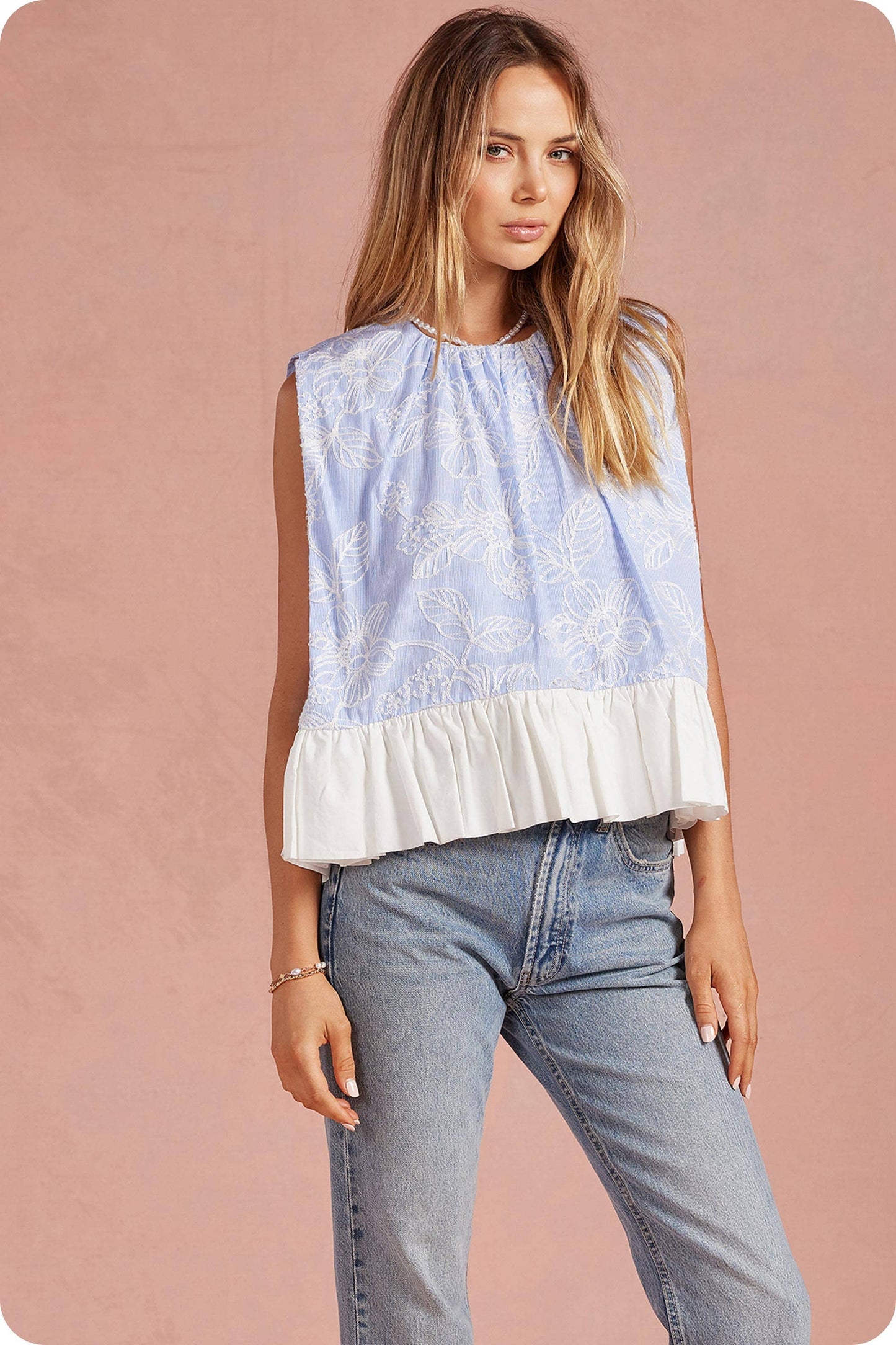 Floral Embroidery Stripe Contrast Ruffle Hem Top