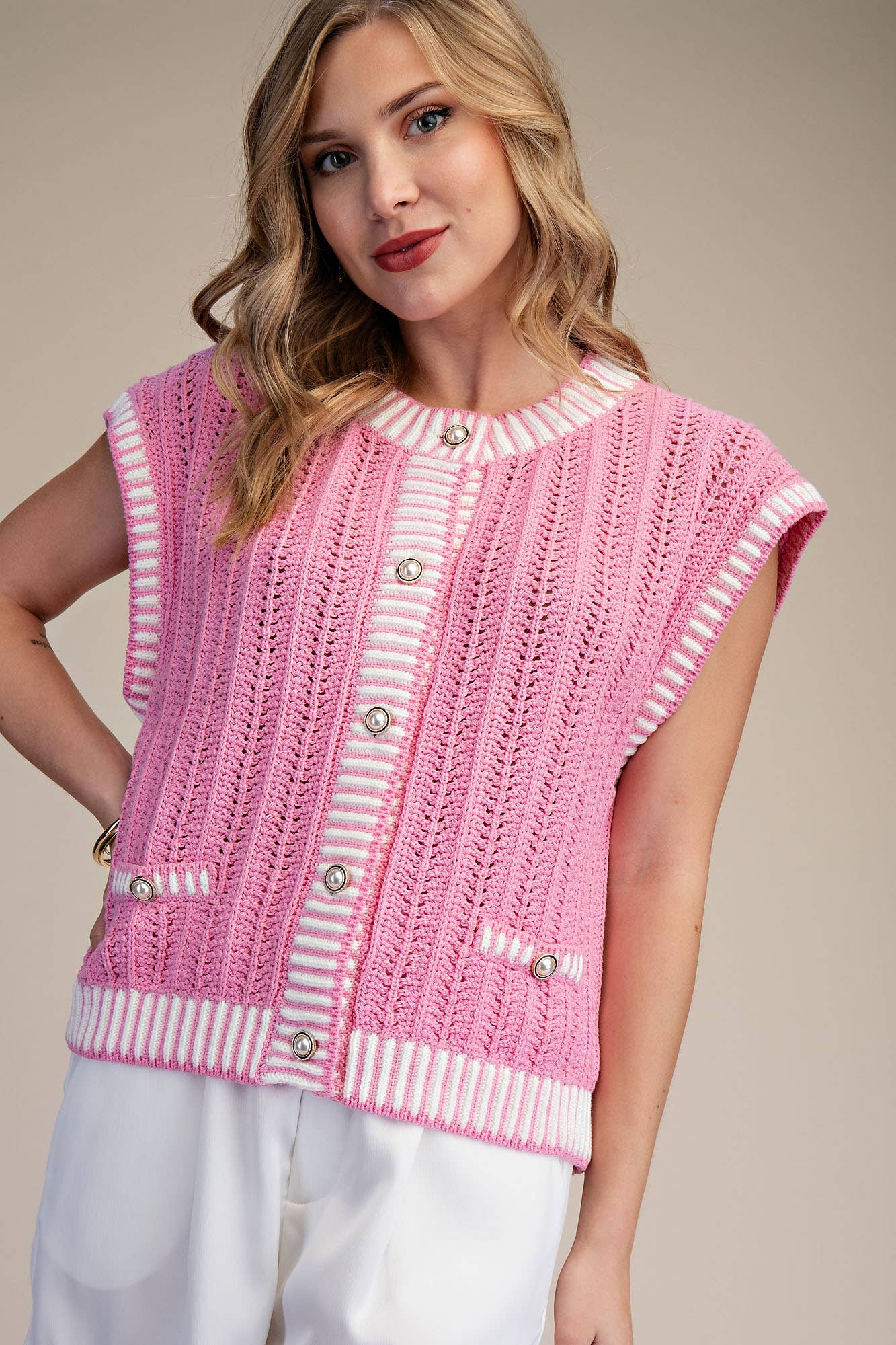 Mini Pearl Round Neck Sleeveless Button Down Stripe Sweater Vest