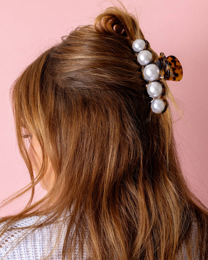 Claw Hair Clip - Large - Brown + Black Tortoise w/ Pearls