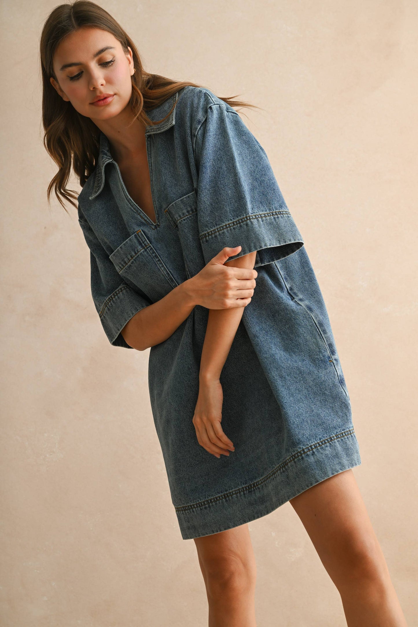 DEMI V-NECK DENIM TUNIC DRESS