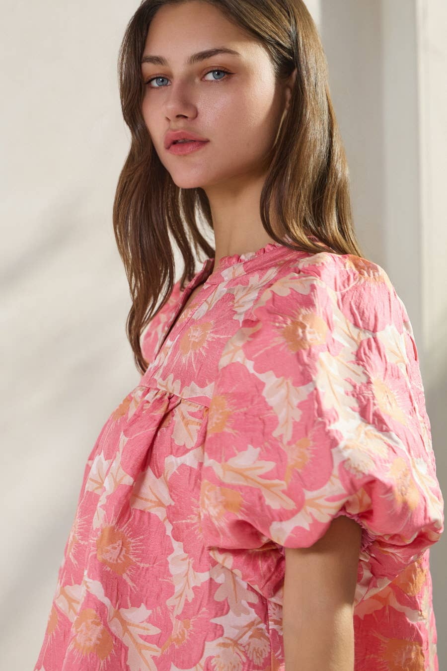 Floral Satin Weave Jacquard Babydoll- Lainy Blouse
