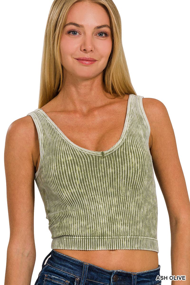 Blair Washed Ribbed Cropped Bra Padded V-neck Tank Top