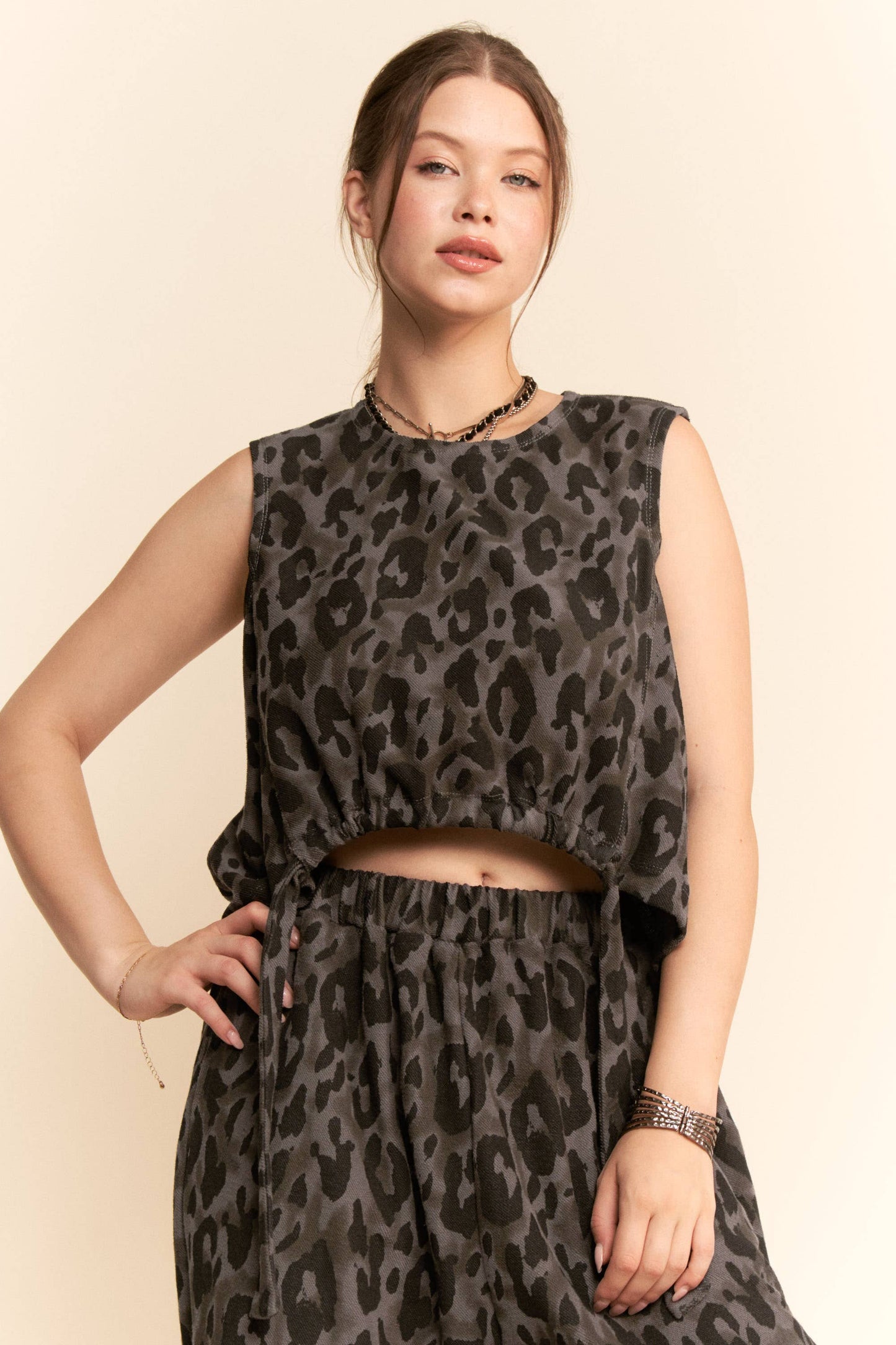 TATUM LEOPARD PRINTED SOFT KNIT CINCH TIE TOP PANTS SET