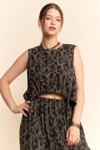TATUM LEOPARD PRINTED SOFT KNIT CINCH TIE TOP PANTS SET