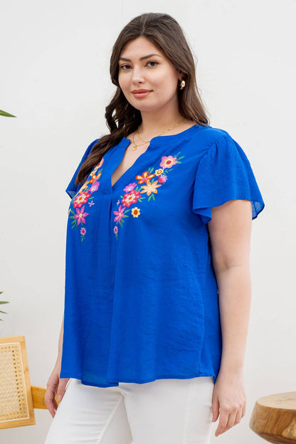 BELLA PLUS FLORAL EMBROIDERY SPLIT NECK BLOUSE