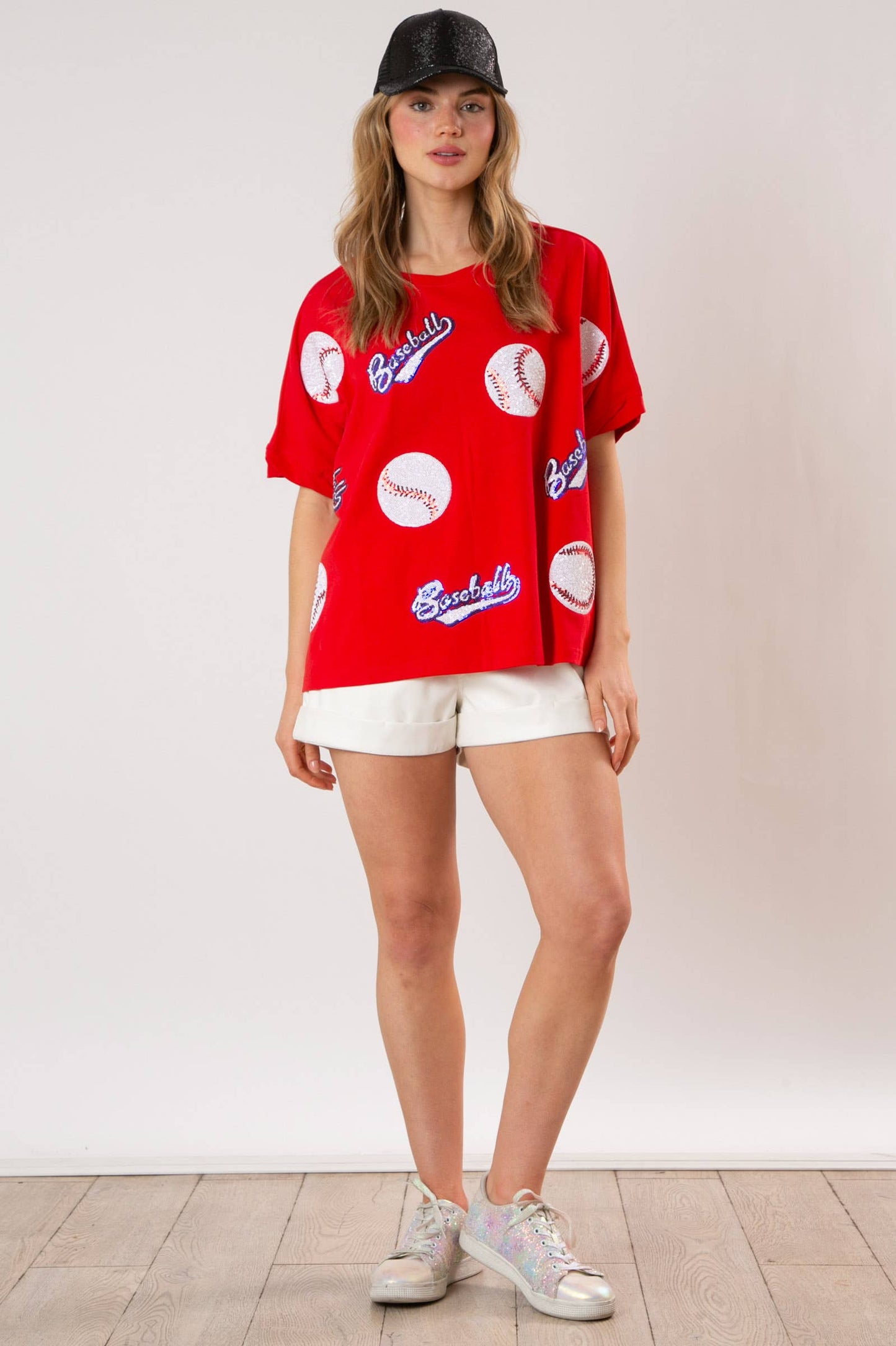 Baseball Sequins Short Sleeve Top