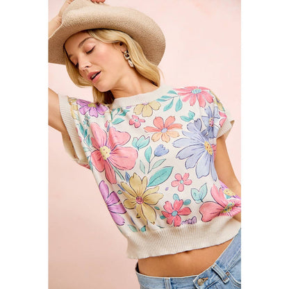 FLOWER ARTWORK PRINTED COZY KNIT TOP