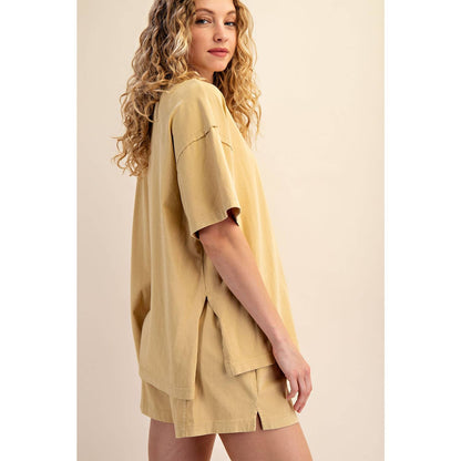 PRISCILLA  MINERAL WASHED COTTON OVERSIZED SLIT TEE & SHORTS