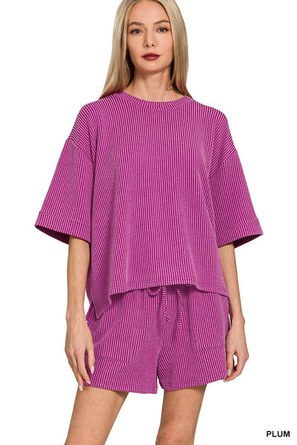 Corded Rib Half Sleeve Tee & Short Pants 2PC Set