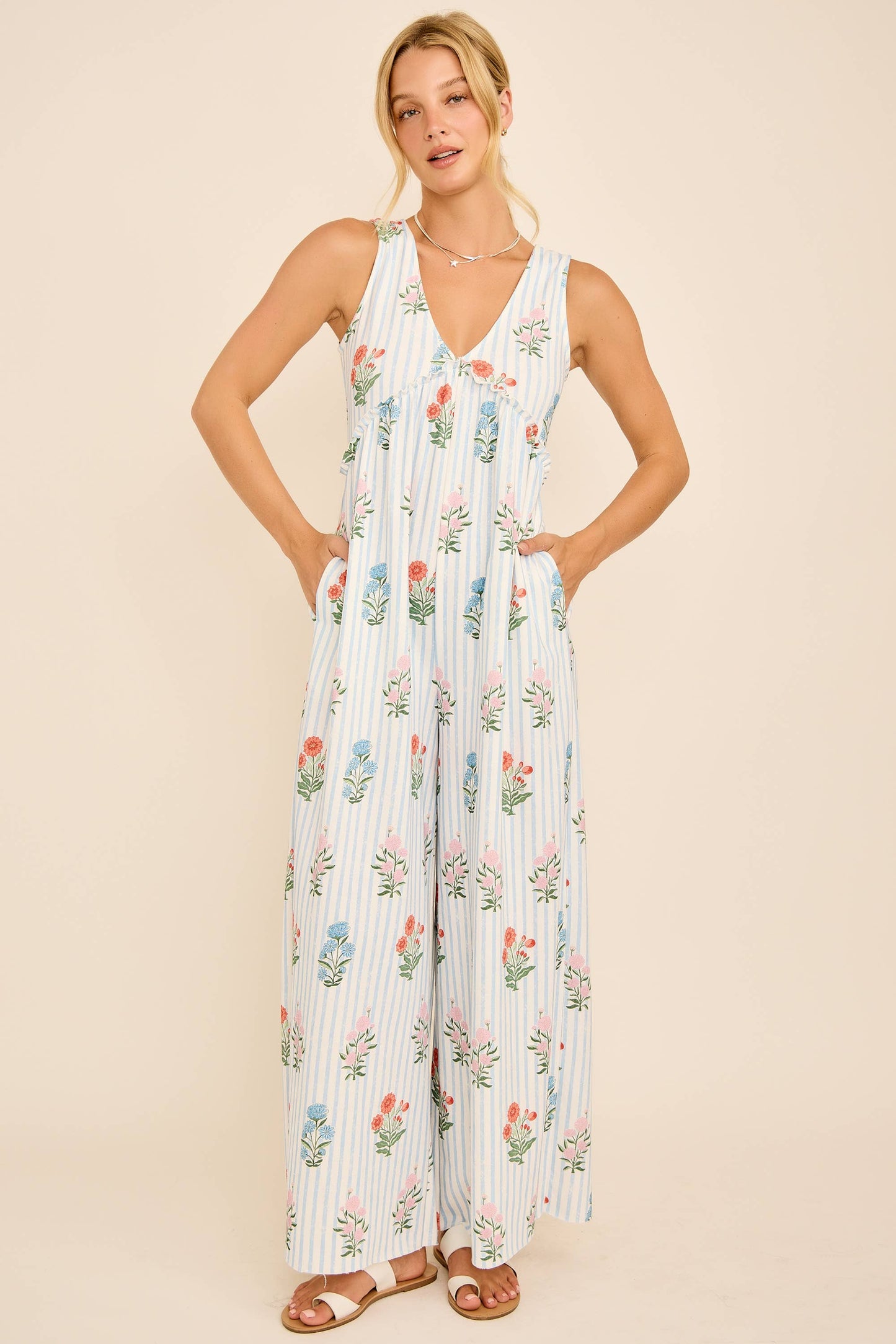 Maggie Floral Stripe V-Neck Backless Jumpsuit