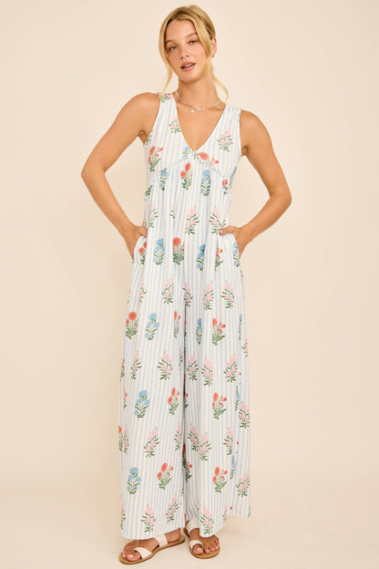 Maggie Floral Stripe V-Neck Backless Jumpsuit