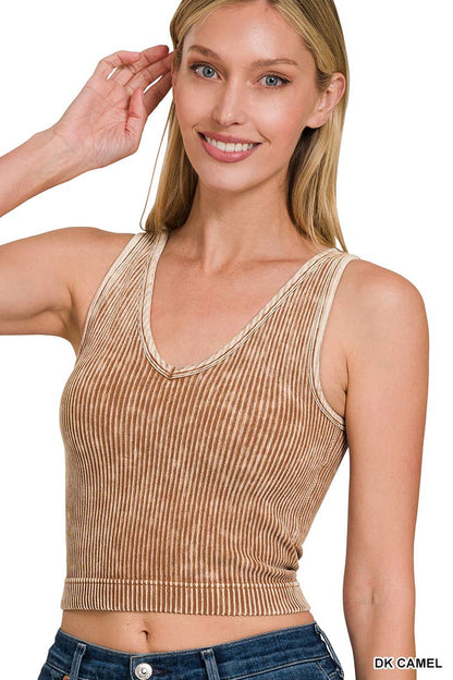 Blair Washed Ribbed Cropped Bra Padded V-neck Tank Top