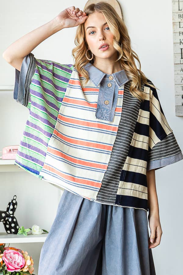 STELLA WASHED STRIPE MIX SHORT SLEEVE TOP