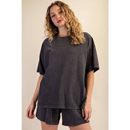 PRISCILLA  MINERAL WASHED COTTON OVERSIZED SLIT TEE & SHORTS