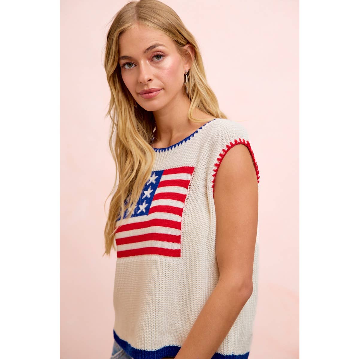 BESTY 4TH OF JULY THEME SLEEVELESS STITCH KNIT TOP