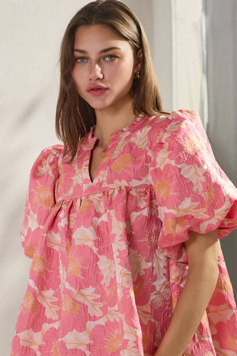 Floral Satin Weave Jacquard Babydoll- Lainy Blouse