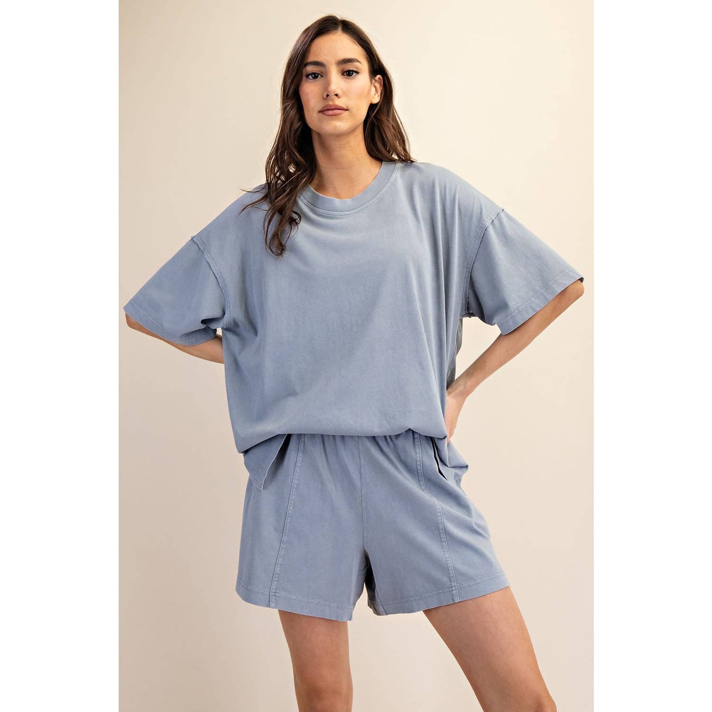 PRISCILLA  MINERAL WASHED COTTON OVERSIZED SLIT TEE & SHORTS
