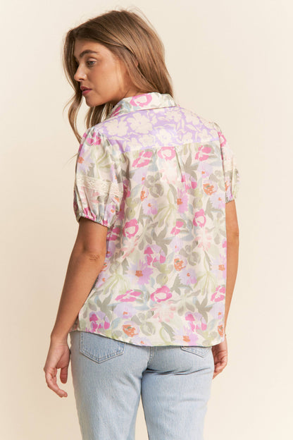 Tosha Floral Print Button Up Puff Short Sleeve Blouse
