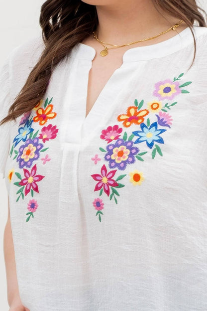 BELLA PLUS FLORAL EMBROIDERY SPLIT NECK BLOUSE