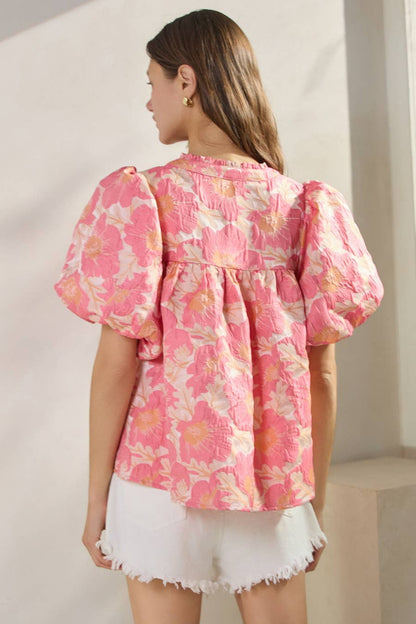 Floral Satin Weave Jacquard Babydoll- Lainy Blouse