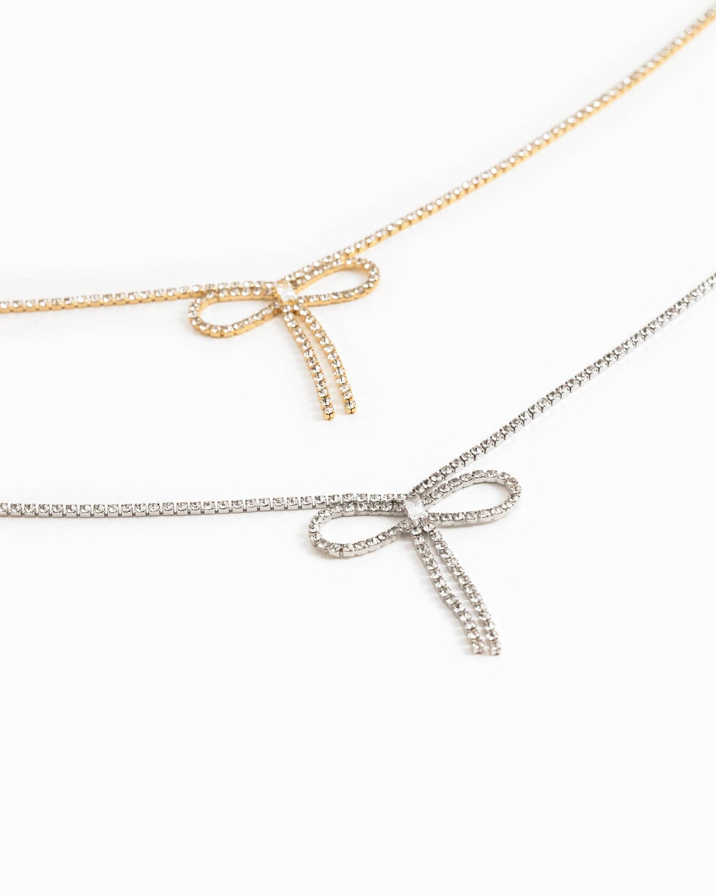 Rhinestone Chain Symmetrical Bow Necklace w/ Baguette CZ