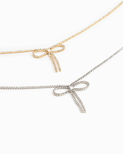 Rhinestone Chain Symmetrical Bow Necklace w/ Baguette CZ