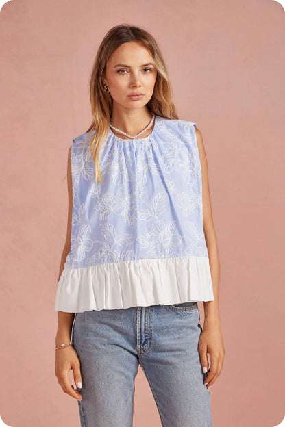 Floral Embroidery Stripe Contrast Ruffle Hem Top