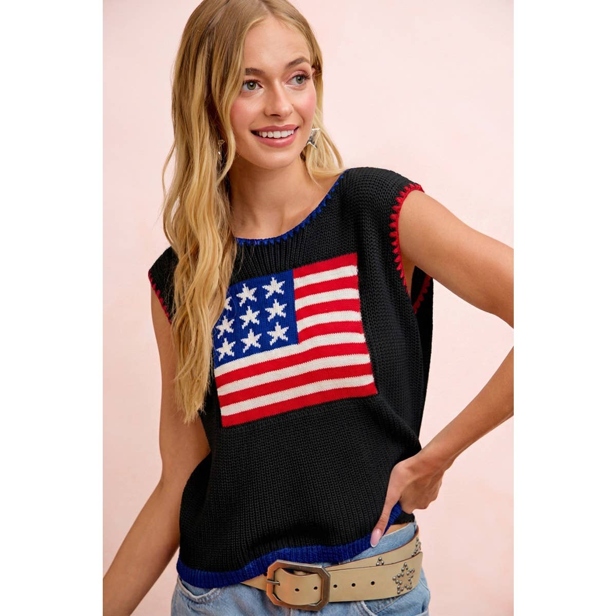BESTY 4TH OF JULY THEME SLEEVELESS STITCH KNIT TOP