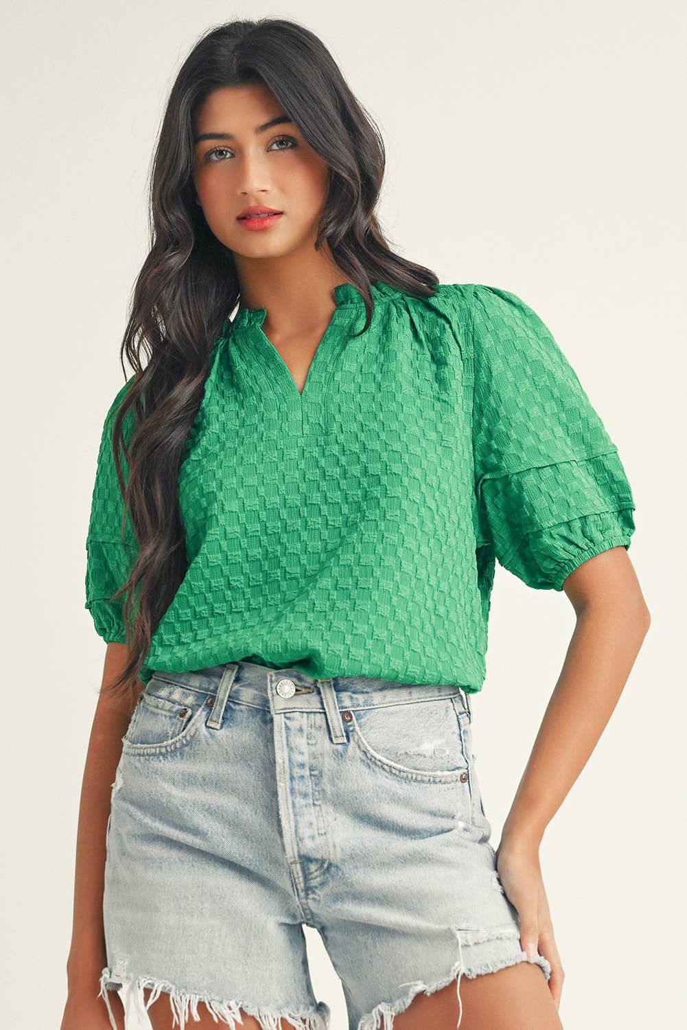Bridget  Textured Puff Short Sleeve Notched V Neck Top