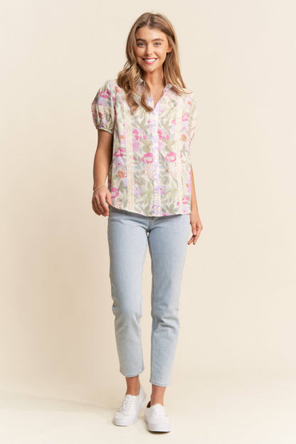Tosha Floral Print Button Up Puff Short Sleeve Blouse