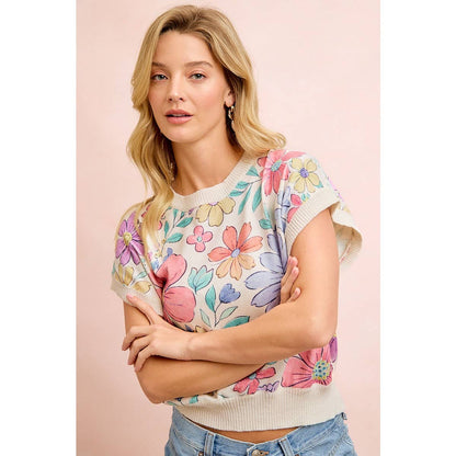 FLOWER ARTWORK PRINTED COZY KNIT TOP