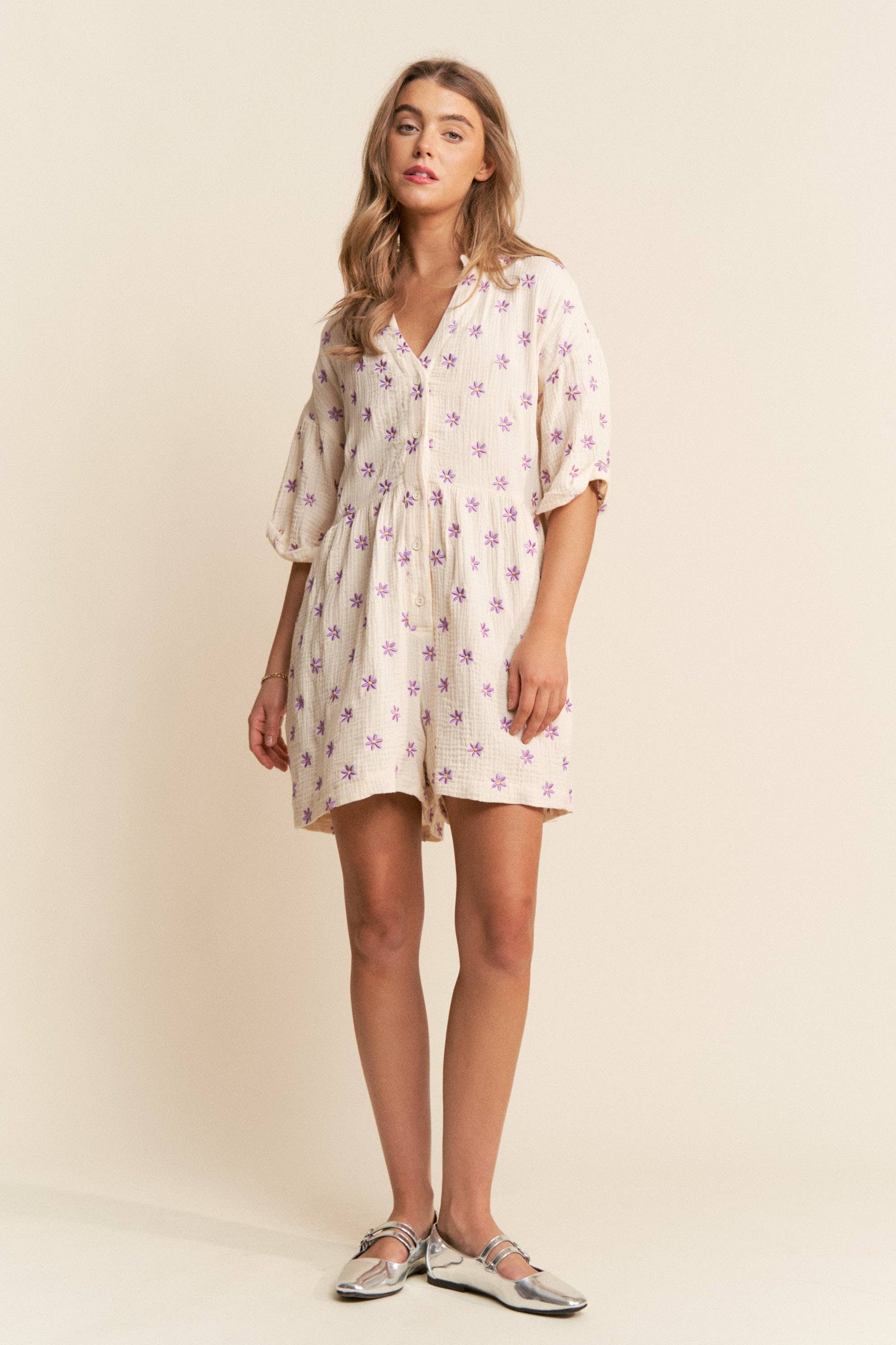 Ava  Flower Embroidered V Neck Romper