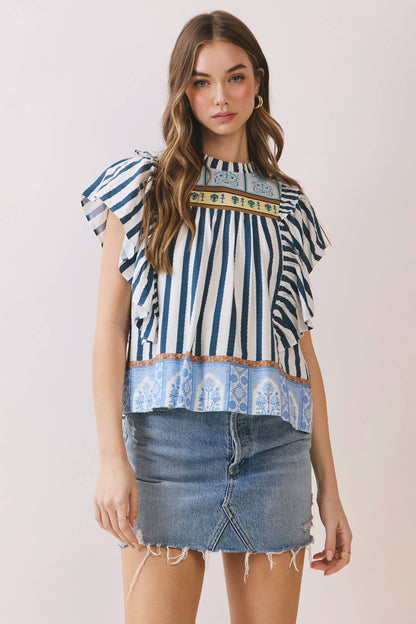 Border Striped Print Ruffled Detail Cap Sleeve Top 🥚