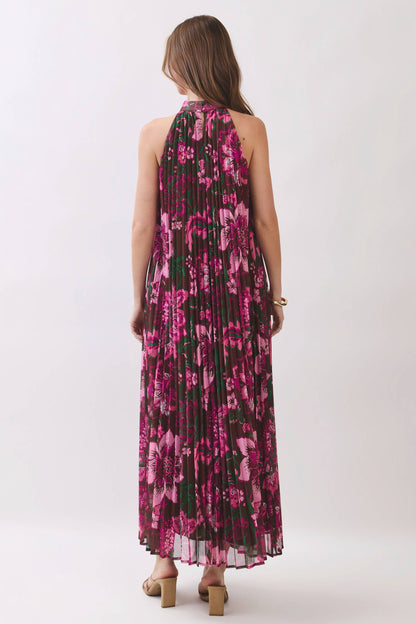 Everleigh Floral Print Pleated Halter Maxi Dress