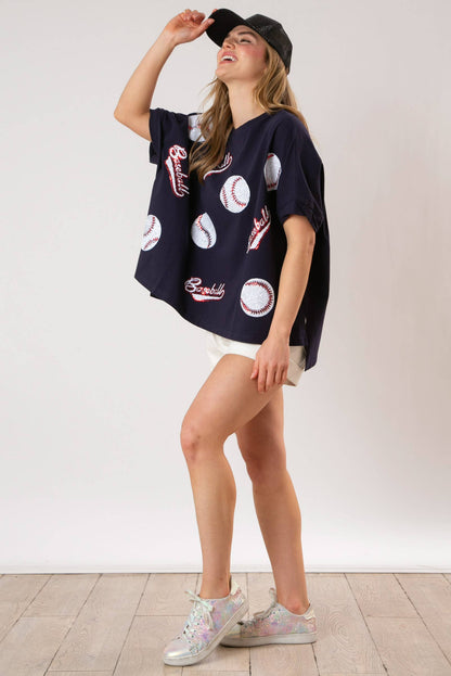 Baseball Sequins Short Sleeve Top