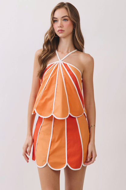 Color Block Scalloped Edges Detail Halter Top