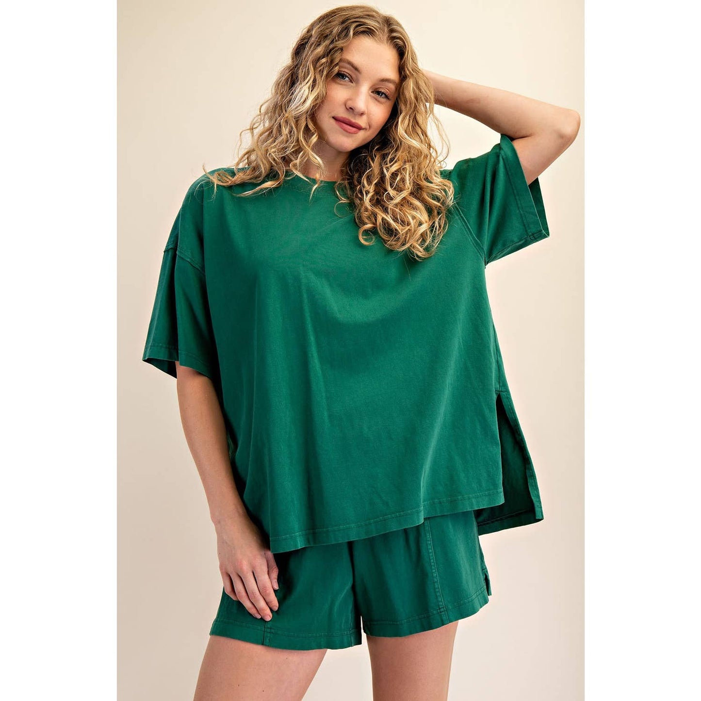 PRISCILLA  MINERAL WASHED COTTON OVERSIZED SLIT TEE & SHORTS