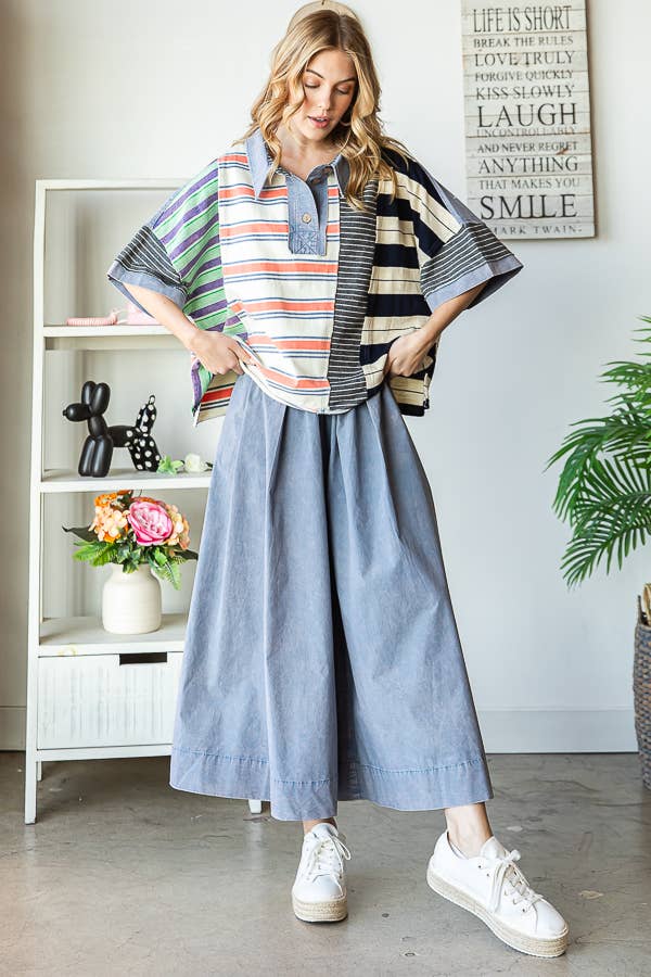STELLA WASHED STRIPE MIX SHORT SLEEVE TOP