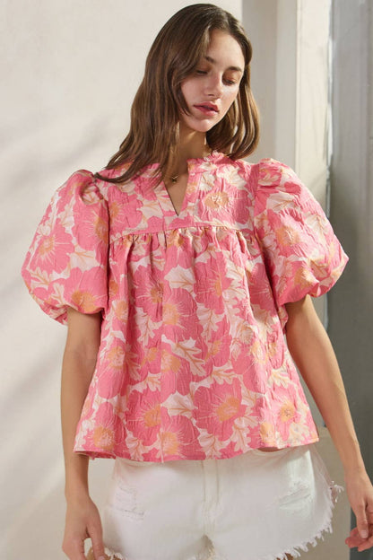 Floral Satin Weave Jacquard Babydoll- Lainy Blouse