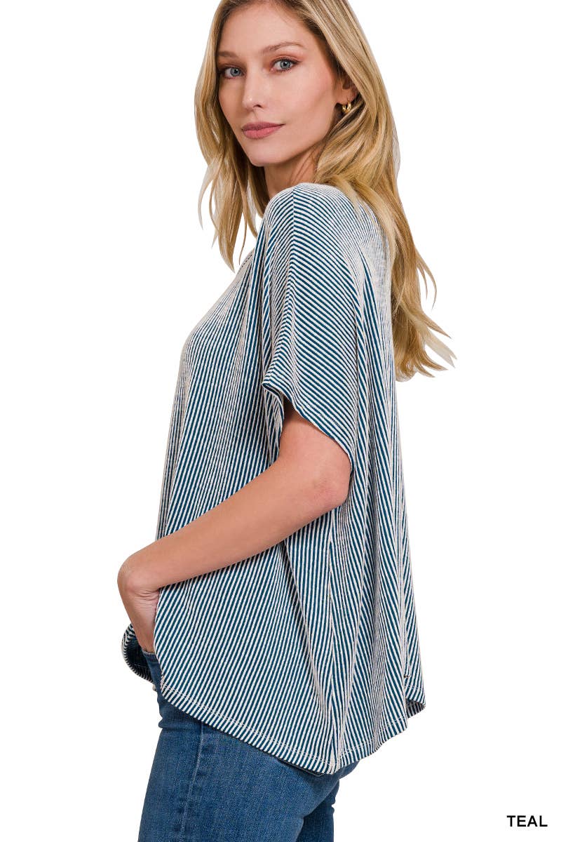 Dawn Ribbed Striped Oversized Short Sleeve Top