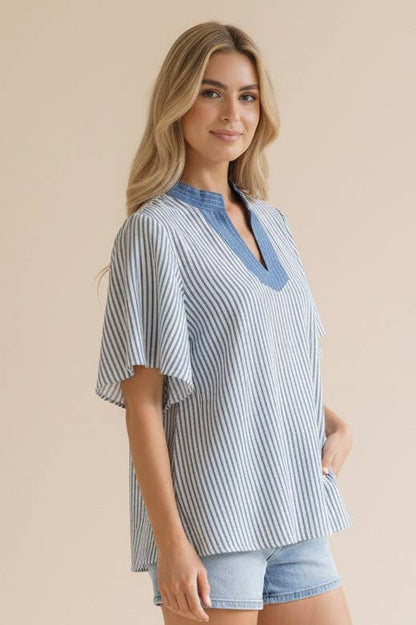 Plus- Stitched Neck Band Flutter Sleeve Stripe Top