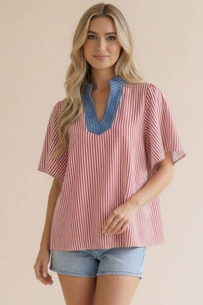 Plus- Stitched Neck Band Flutter Sleeve Stripe Top